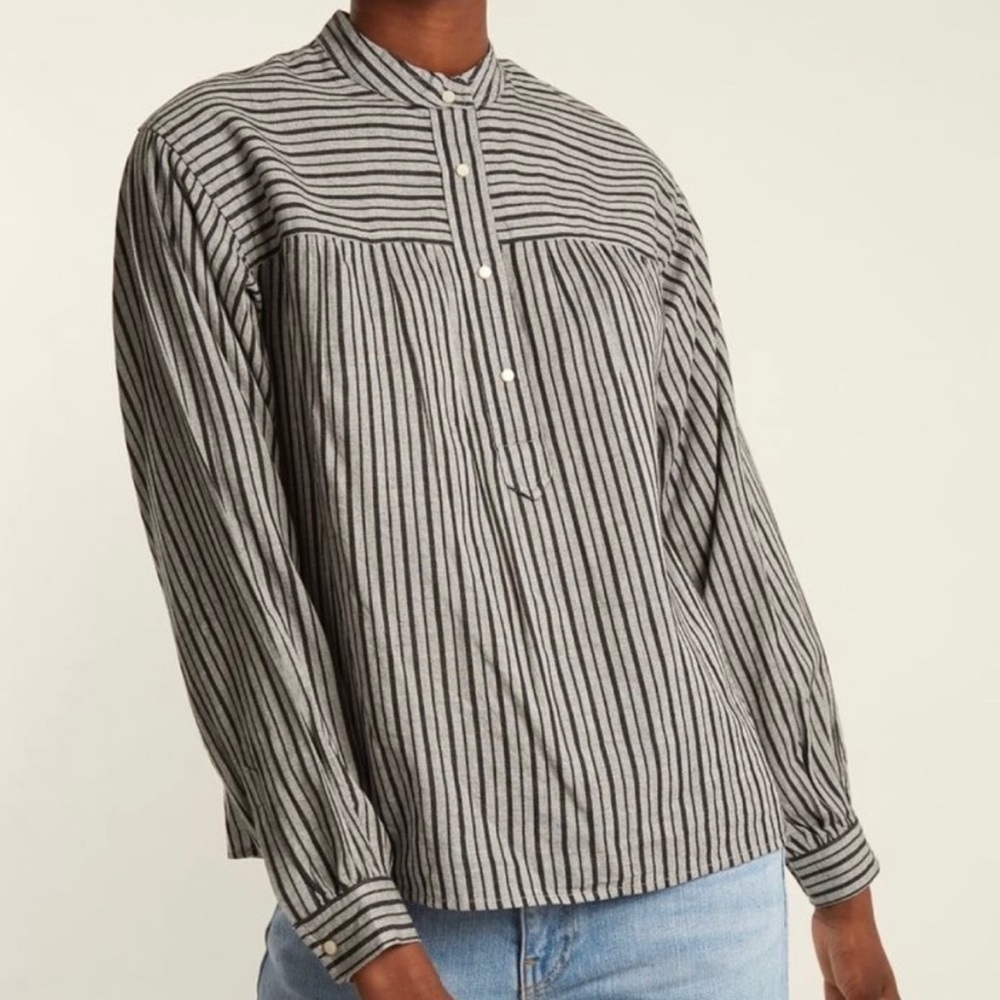 Isabel Marant Etoile Women's Grey Stripe Henley Long Sleeve Blouse Shirt Sz 38.